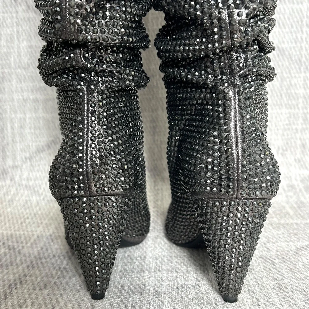 INC Gerii Pewter‎ Rhinestone Sparkly Slouch Boots Women's Knee High Block Heel